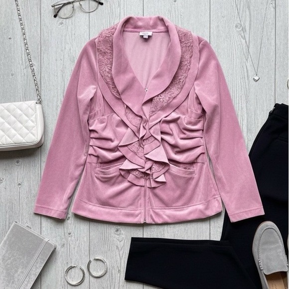 Y2K Pink‎ Ruffle Lace Velour Zip Up Size Small Coquette Dollcore Softgirl - Picture 2 of 12